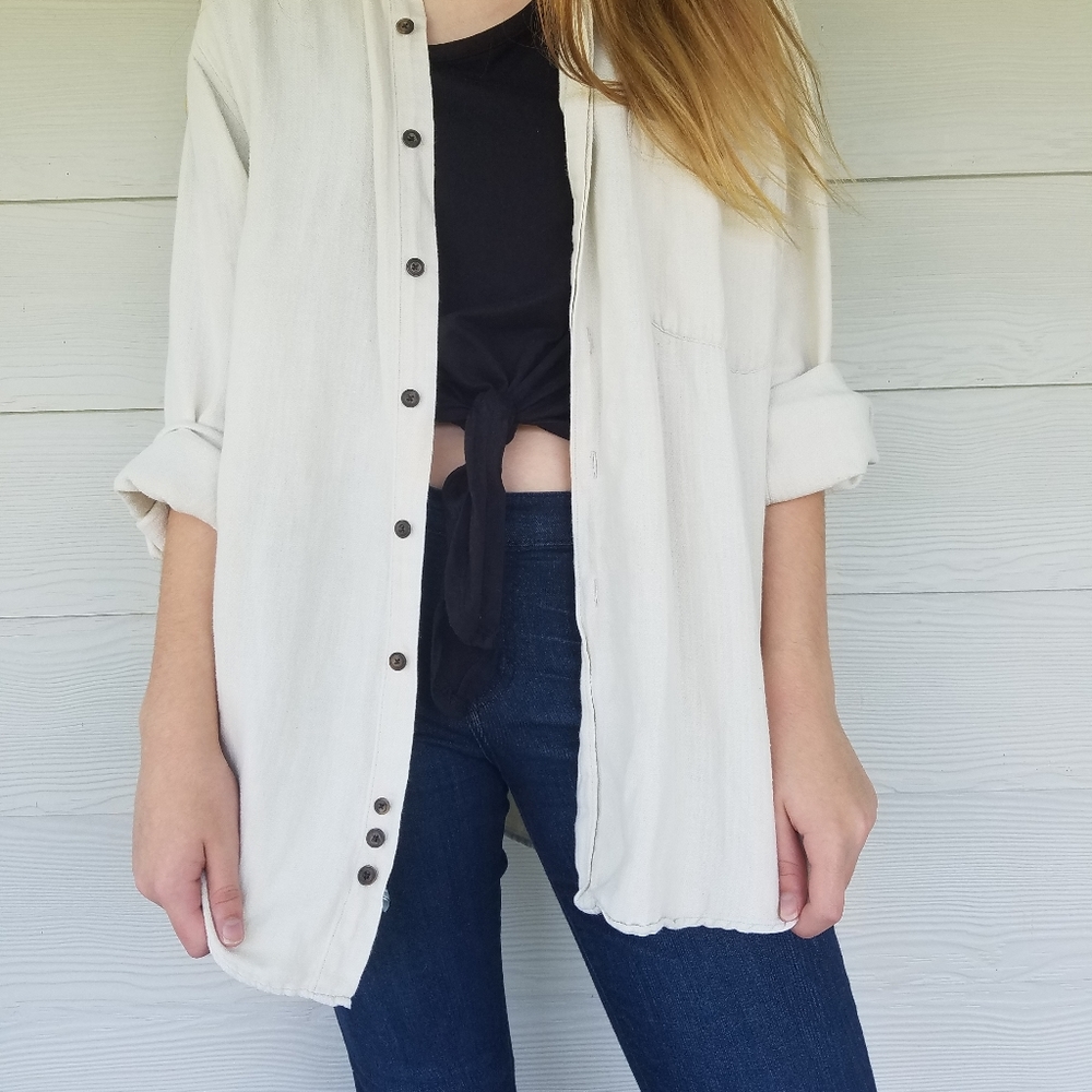 Vtg Linen/Cotton Button Up, Unisex, Khaki M/L
